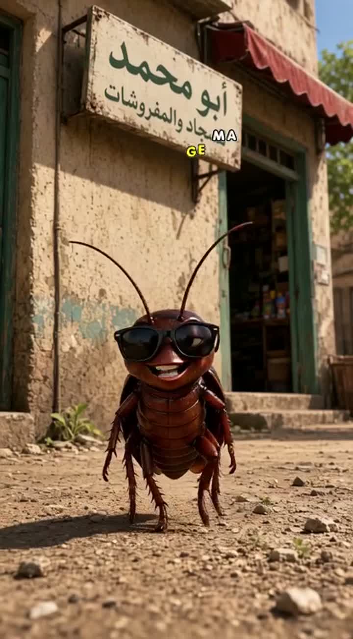Very funny 3D animated cartoon featuring a small cockroach wearing… — AI cartoon