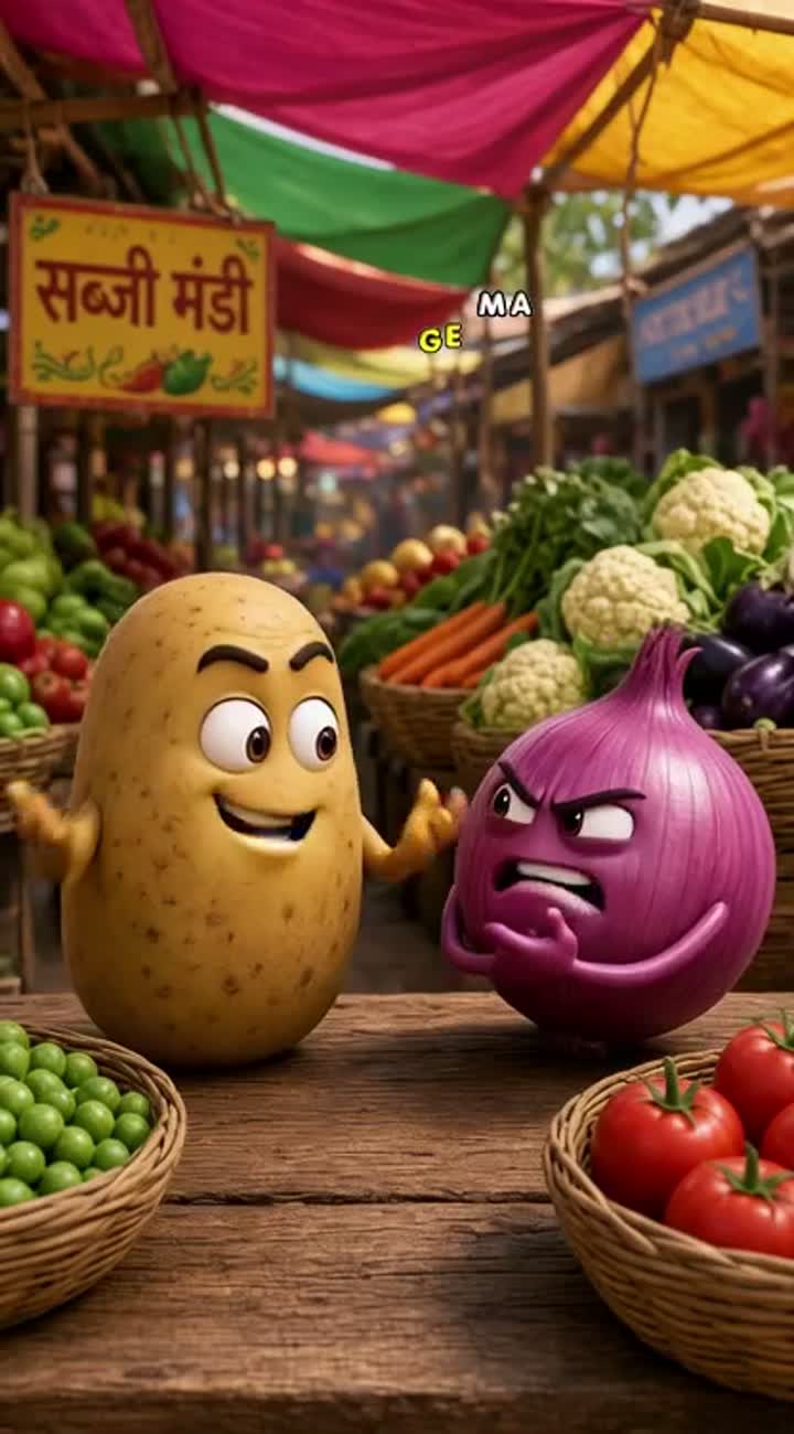 Two cute animated vegetable characters, Aloo (potato) and Pyaj… — AI cartoon