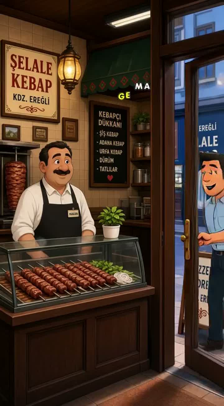 Kebapçı dükkanın içerisinde kasiyer var ve kapıdan içeriye adam… — AI cartoon