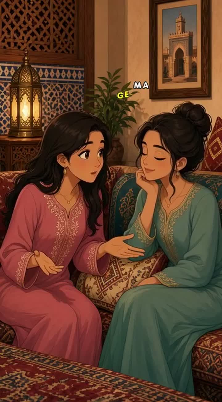In a traditional Moroccan living room, two young women… — AI cartoon