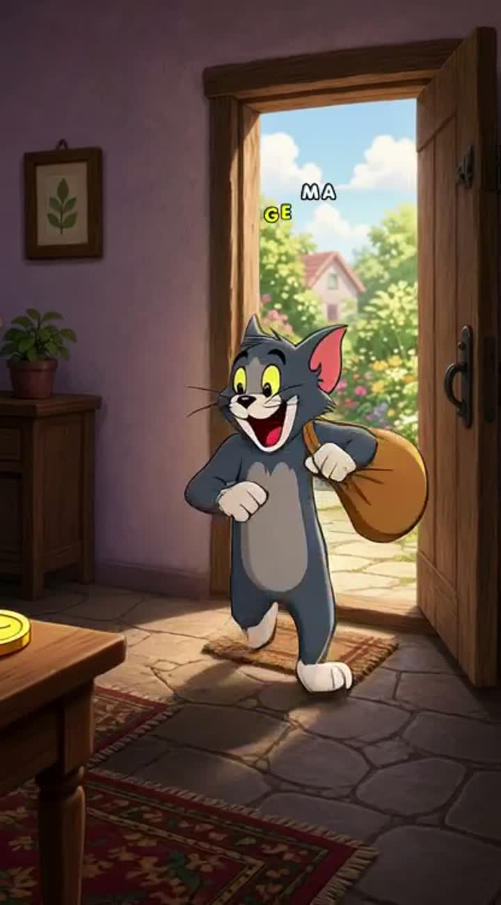 Inside the house, the creature responds cheerfully… — AI cartoon