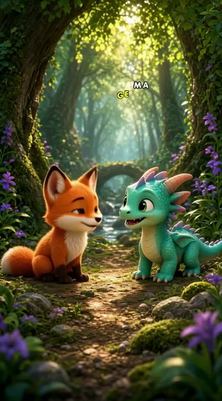 A cute little fox and a baby dragon become best friends… — AI cartoon