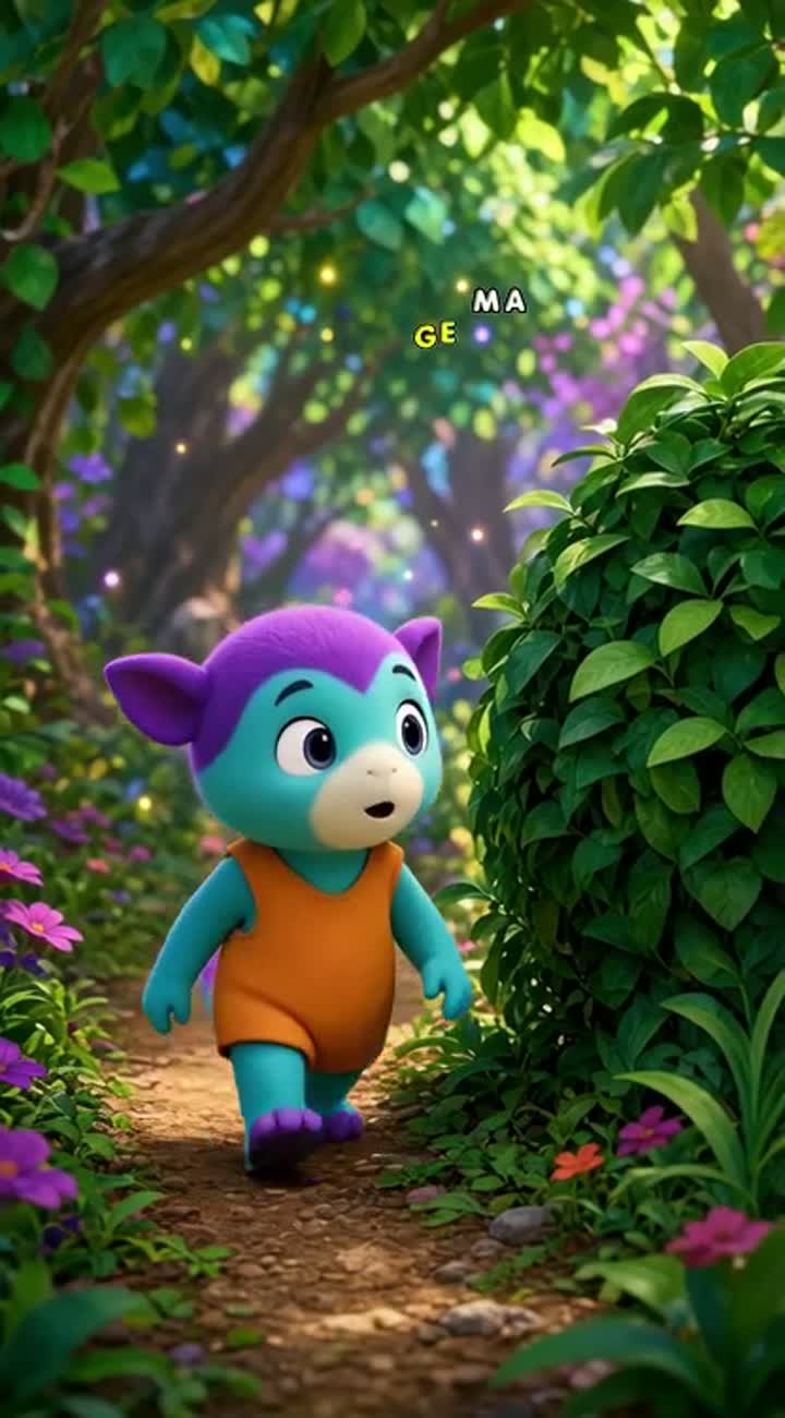 Zikko walks upright on TWO legs through a colorful magical forest — AI cartoon