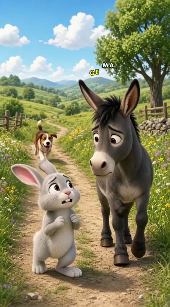 A rabbit and a donkey in a rural countryside setting — AI cartoon