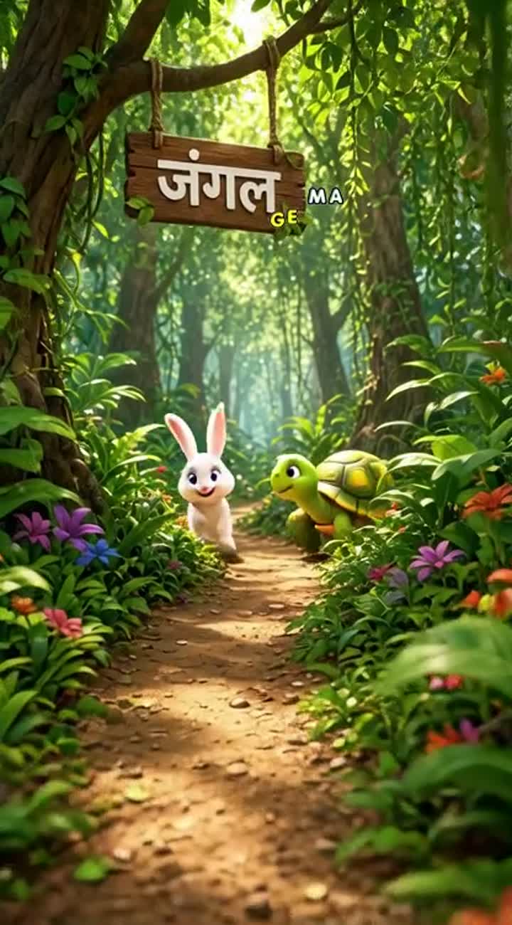 Cute 3D cartoon in Hindi about a rabbit and a tortoise racing… — AI cartoon