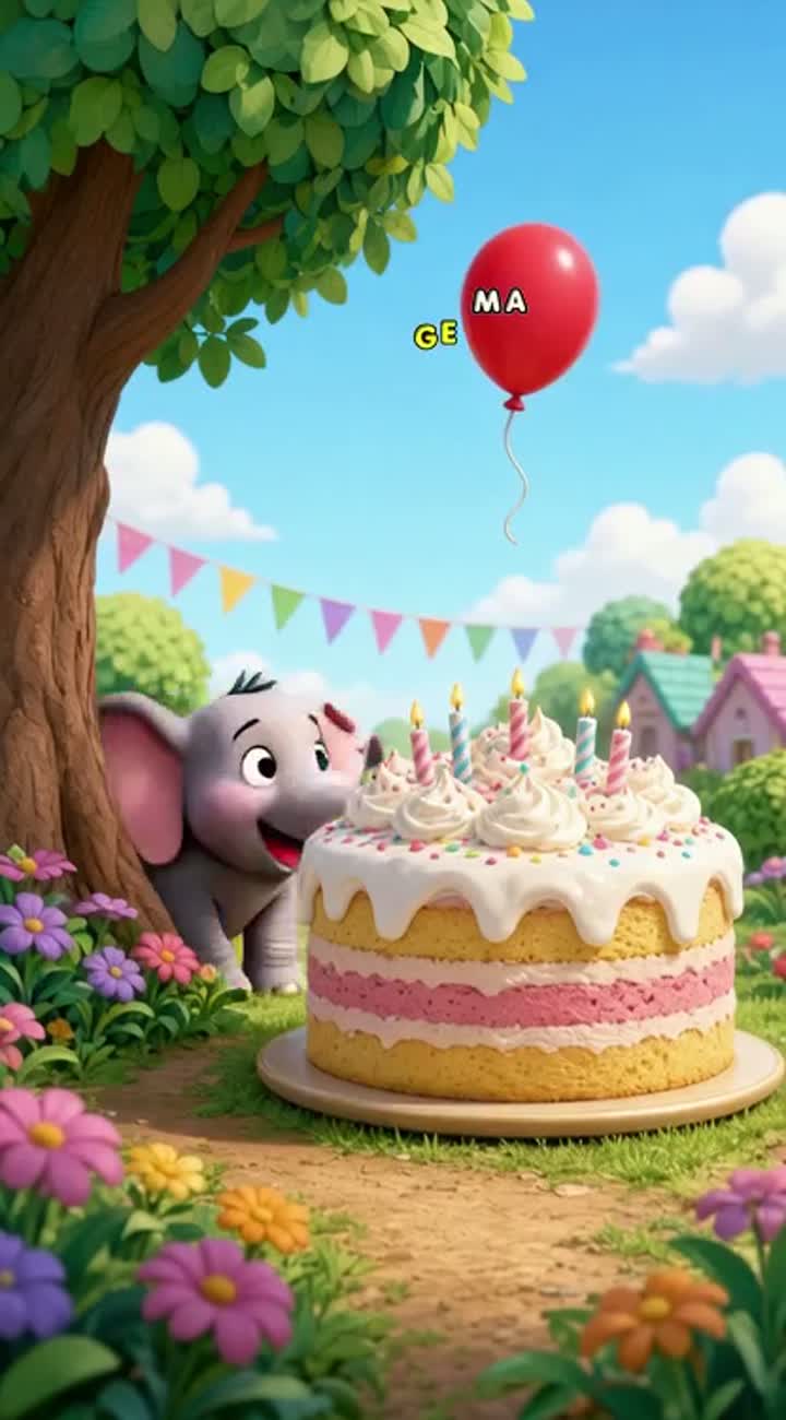 A funny little baby elephant tries to catch a flying balloon… — AI cartoon