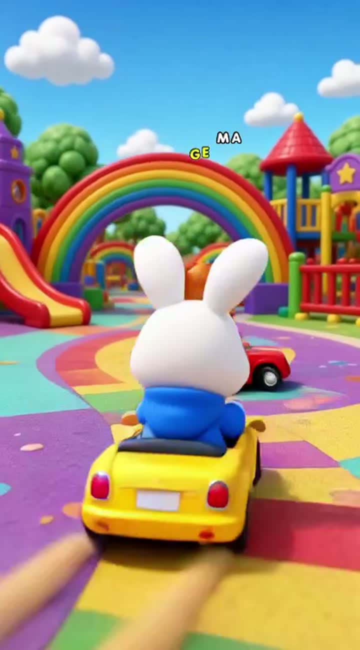 A cute white bunny wearing a blue hoodie races a playful brown… — AI cartoon