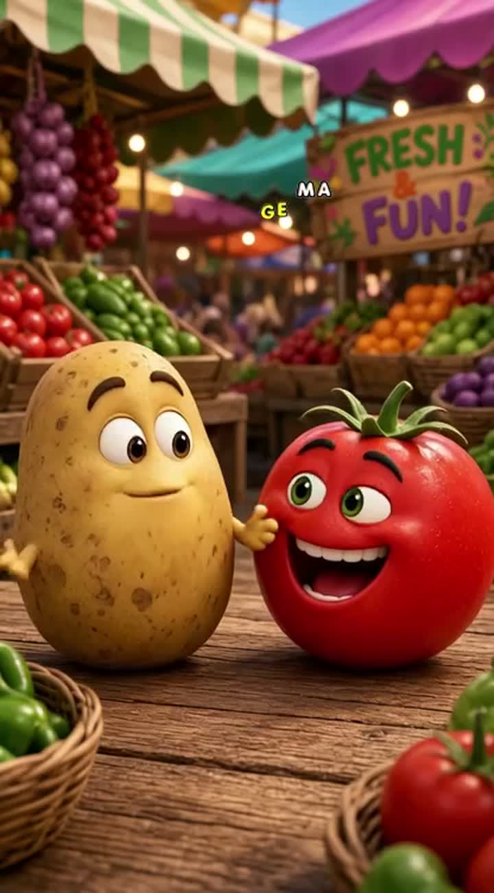 Funny 3D cartoon potato and tomato talking and laughing… — AI cartoon