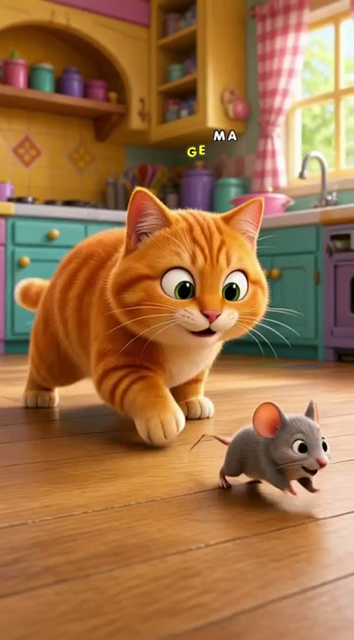 A funny little orange cat tries to catch a clever tiny mouse… — AI cartoon