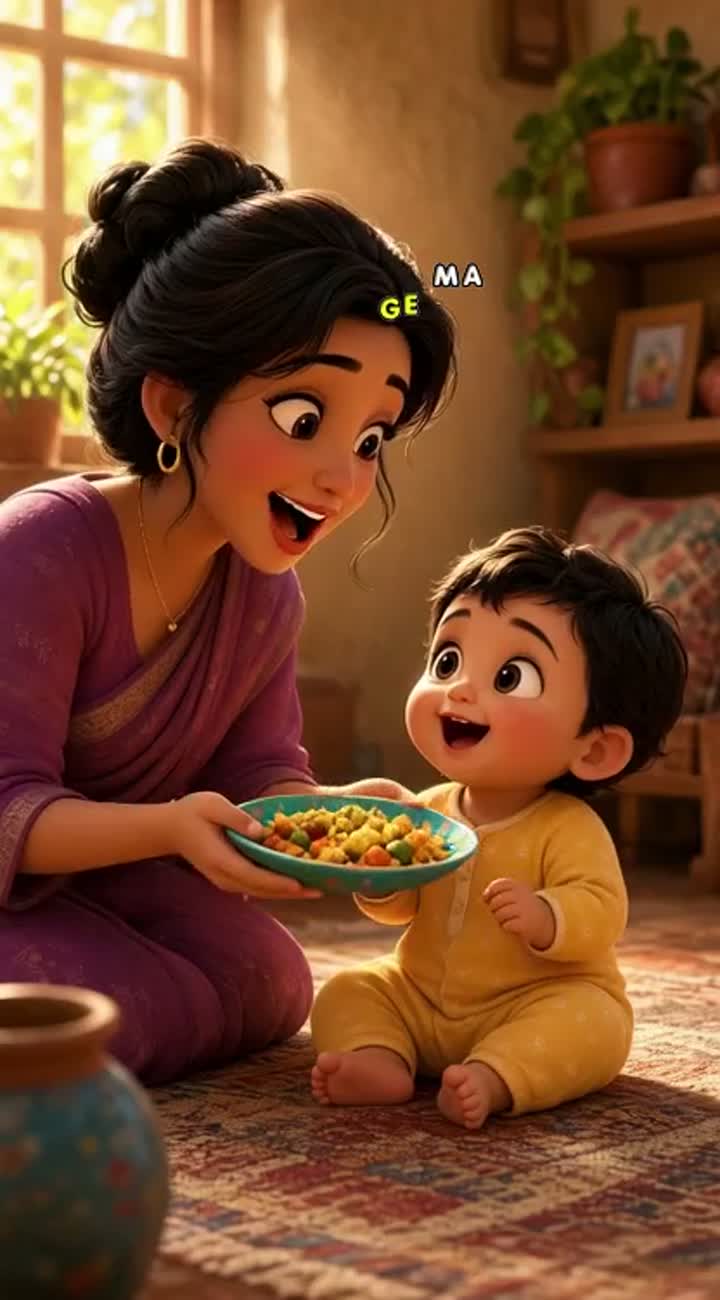 Same characters, mother lovingly gives her baby a small colorful… — AI cartoon