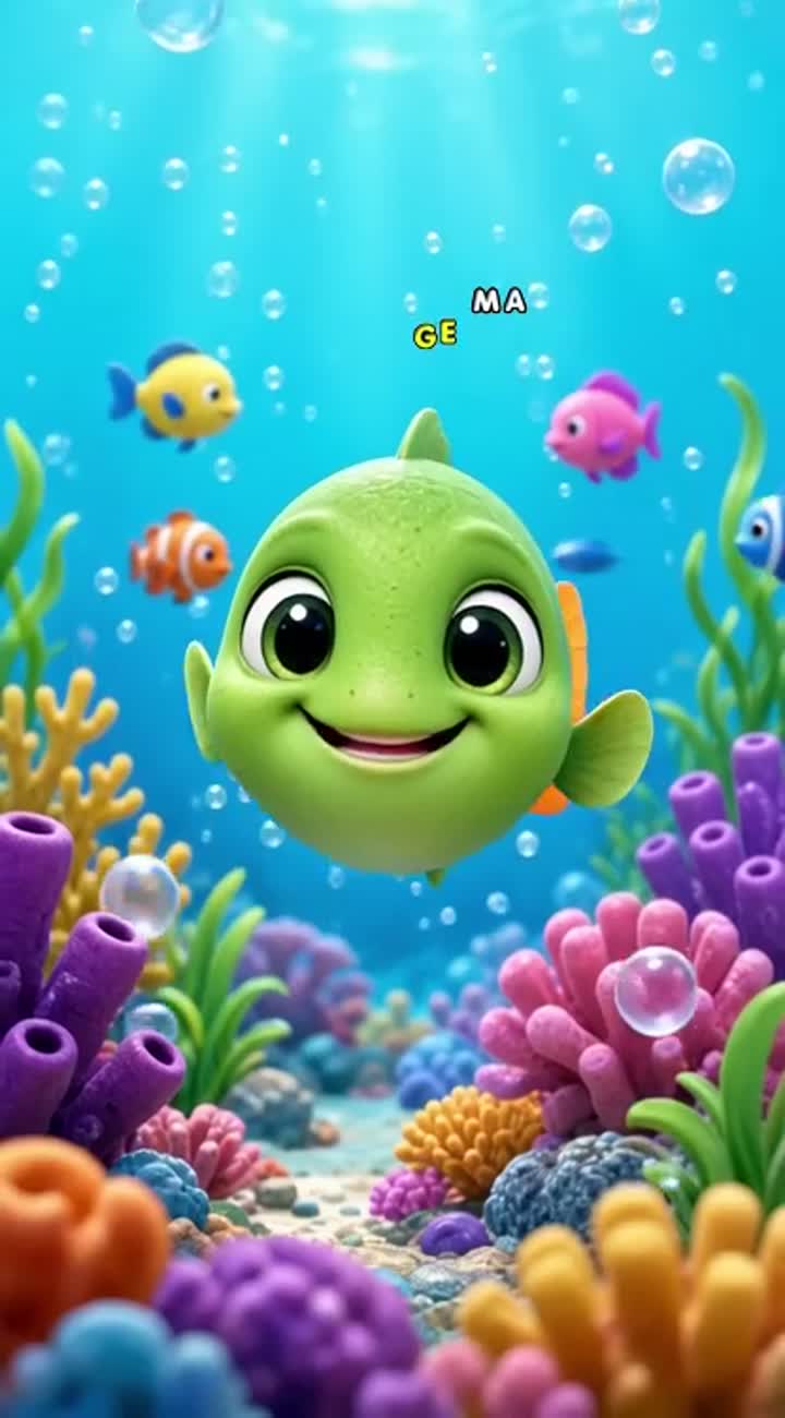 Adorable 3D preschool cartoon of a tiny matcha-green baby fish… — AI cartoon