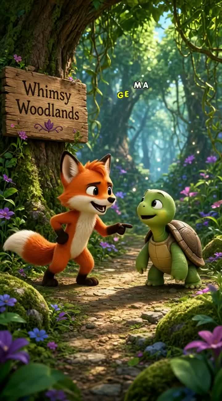 A cute orange fox named Finn challenges a small green turtle… — AI cartoon