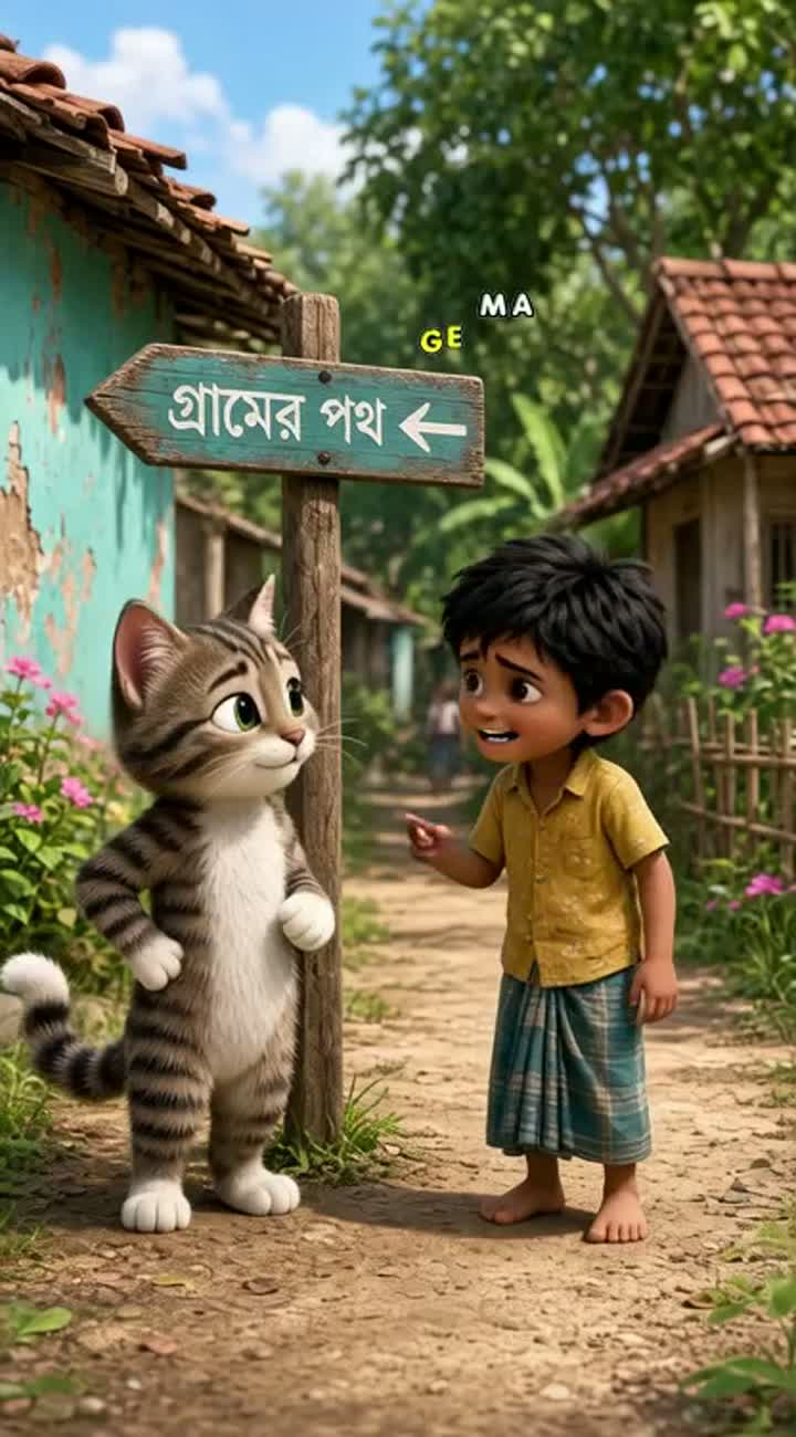 A small, clever cat in a village in Bangladesh helps a lost child… — AI cartoon