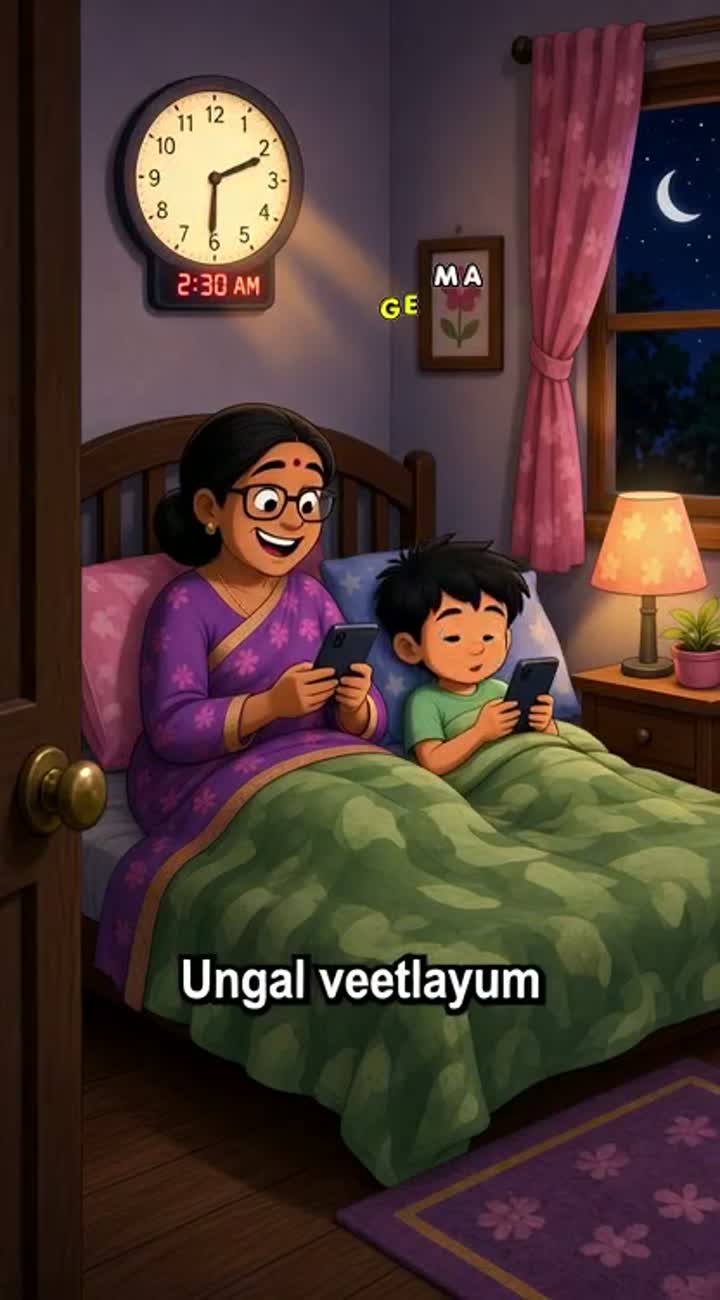 Visual: Amma bed-la ukkandhu serial paaka aarambikkuraanga — AI cartoon