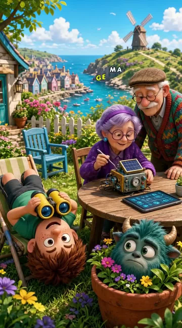 In Gran's sunny back garden in Porthole, energetic… — AI cartoon
