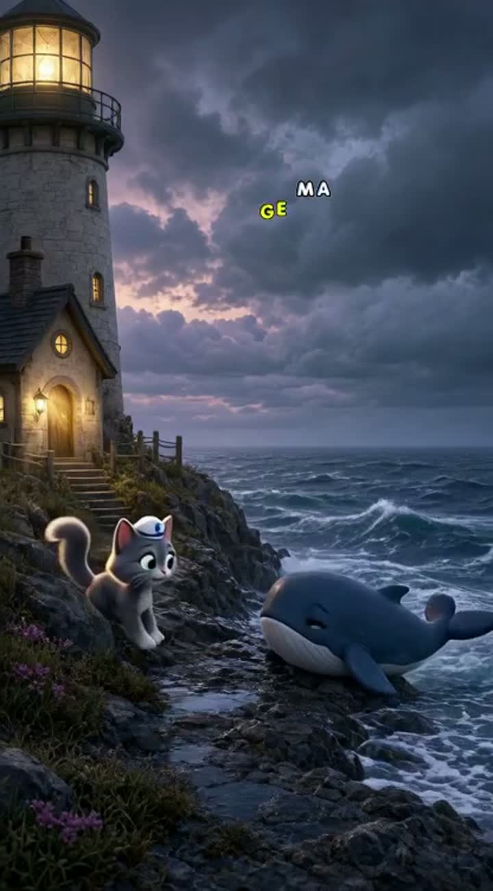 A shy lighthouse cat befriends a lost baby whale and has to guide… — AI cartoon