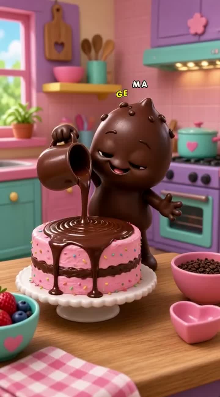 Ye prompt paste karo: A cute chocolate character makes a cake… — AI cartoon
