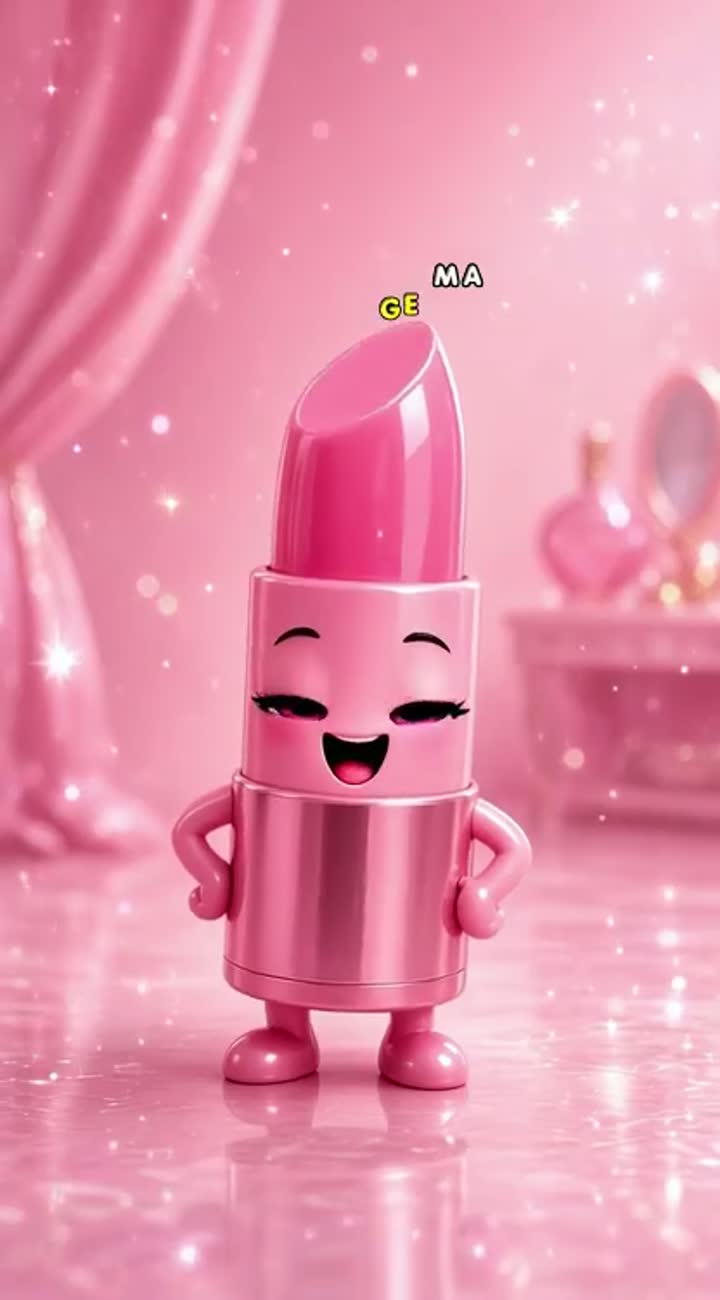A cute pink lipstick cartoon character with big sparkling eyes… — AI cartoon