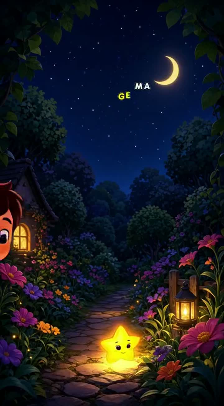 A cute little boy finds a magical glowing star in a garden at night — AI cartoon