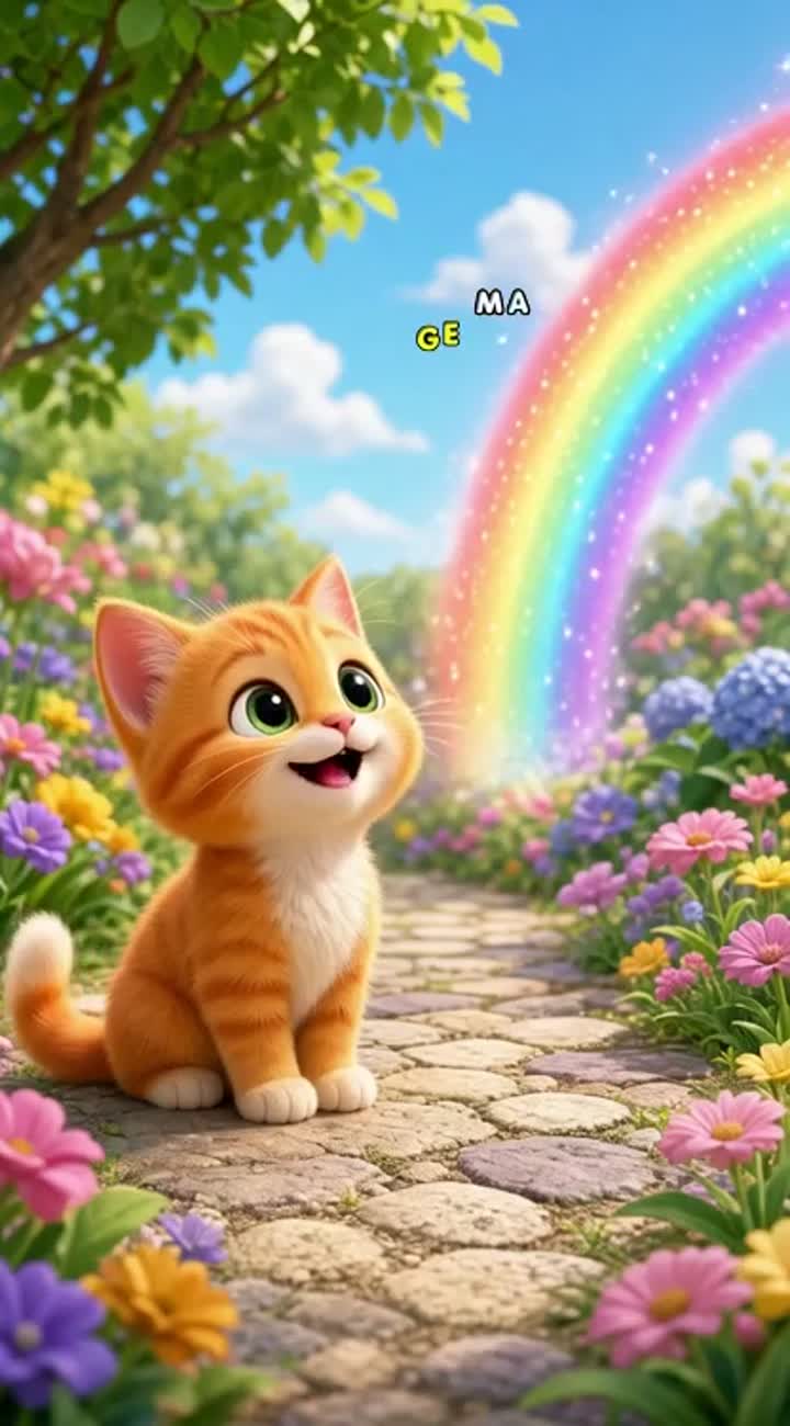 Cute orange kitten finds a magical rainbow… — AI cartoon