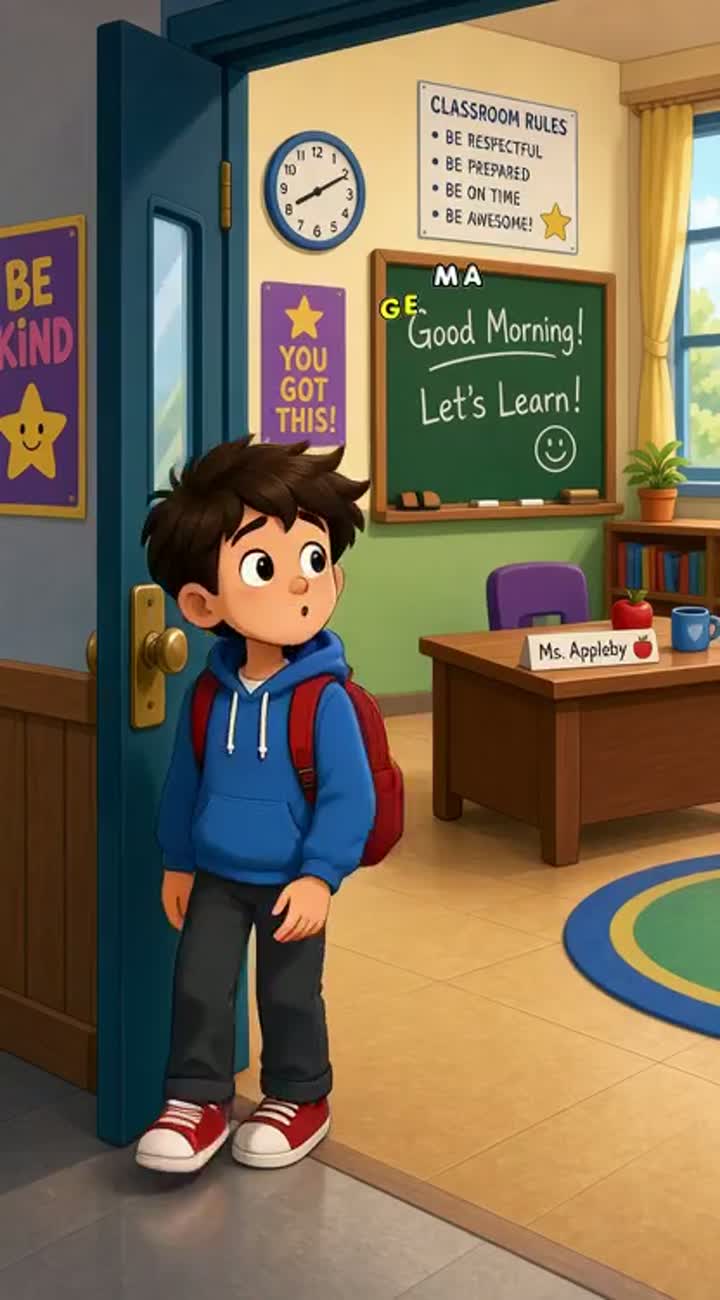 A funny cartoon schoolboy walking into a classroom… — AI cartoon