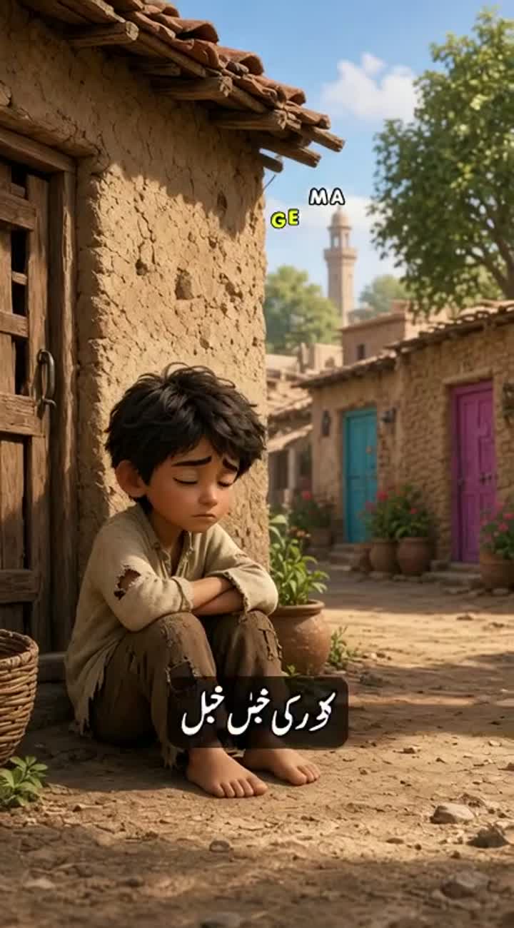 A poor child sits hungry in a Pakistani village… — AI cartoon