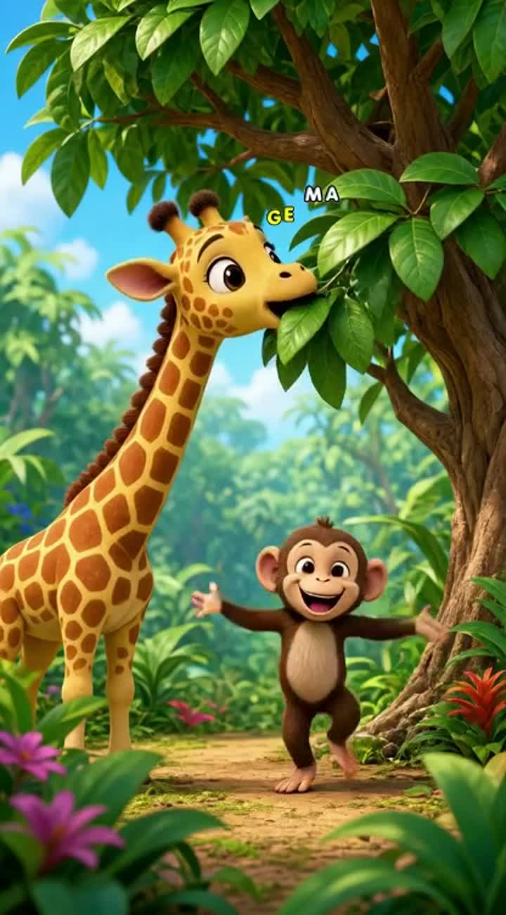Cute 3D baby giraffe with a long neck eating green leaves… — AI cartoon