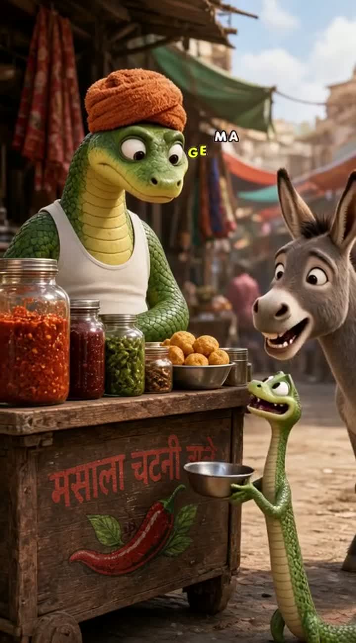 A funny green snake is selling spicy street food from a wooden… — AI cartoon