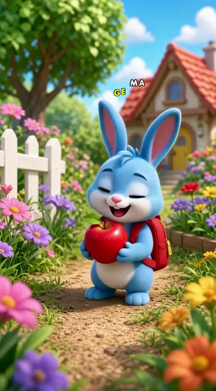 A cute blue bunny named Benny wearing a red backpack finds a shiny… — AI cartoon