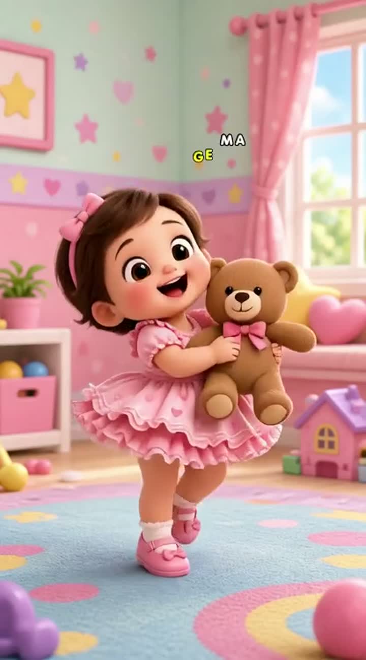 A cute little 3D cartoon baby girl wearing a pink dress… — AI cartoon