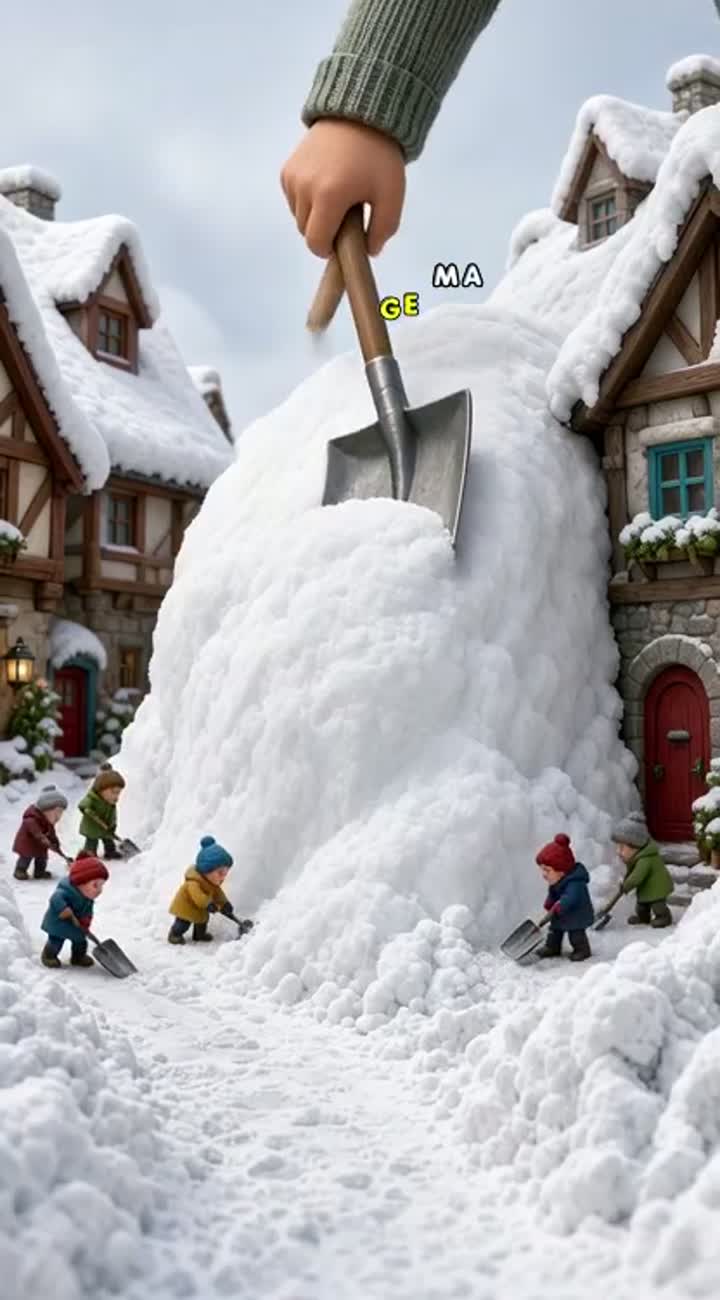 The tiny villagers continue frantically shovelling snow… — AI cartoon