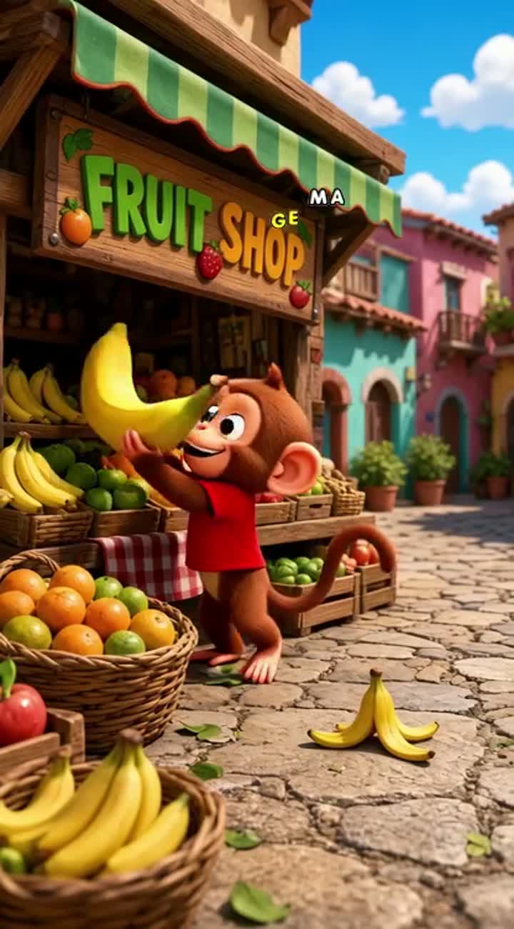 A cute little monkey wearing a red T-shirt steals a giant yellow… — AI cartoon