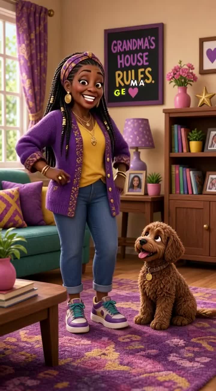 A stylish, funny African American grandmother with long braids… — AI cartoon