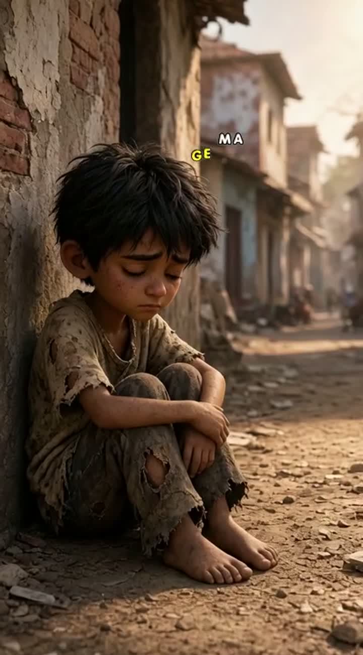 A poor little Indian boy wearing old, dirty clothes sits beside… — AI cartoon