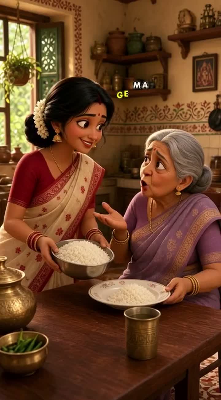 A young Bengali daughter-in-law serves rice to her elderly… — AI cartoon