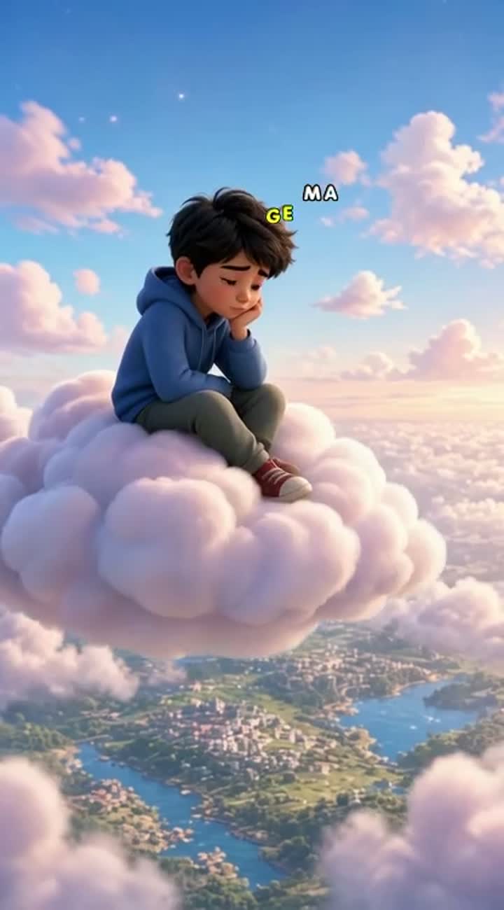 A boy sits on top of soft, fluffy clouds high above the world… — AI cartoon