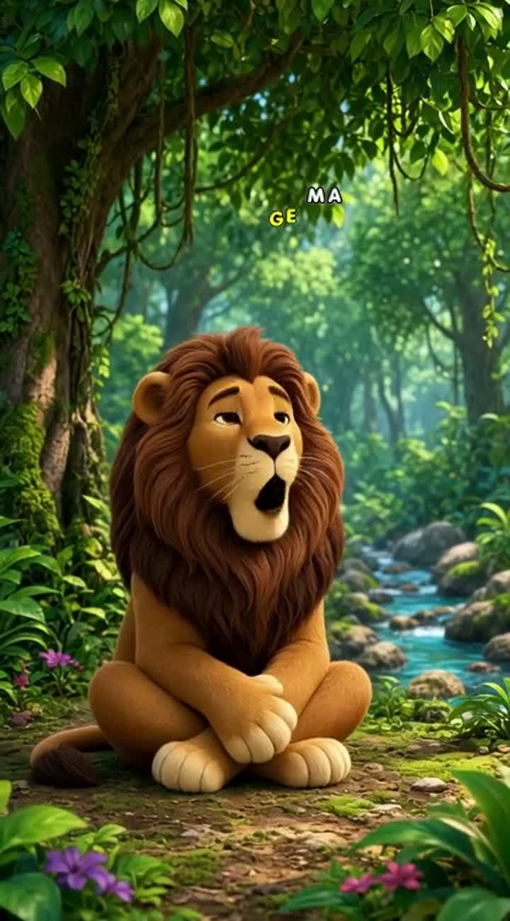 There is character is lion, sitting in green forest and giving… — AI cartoon