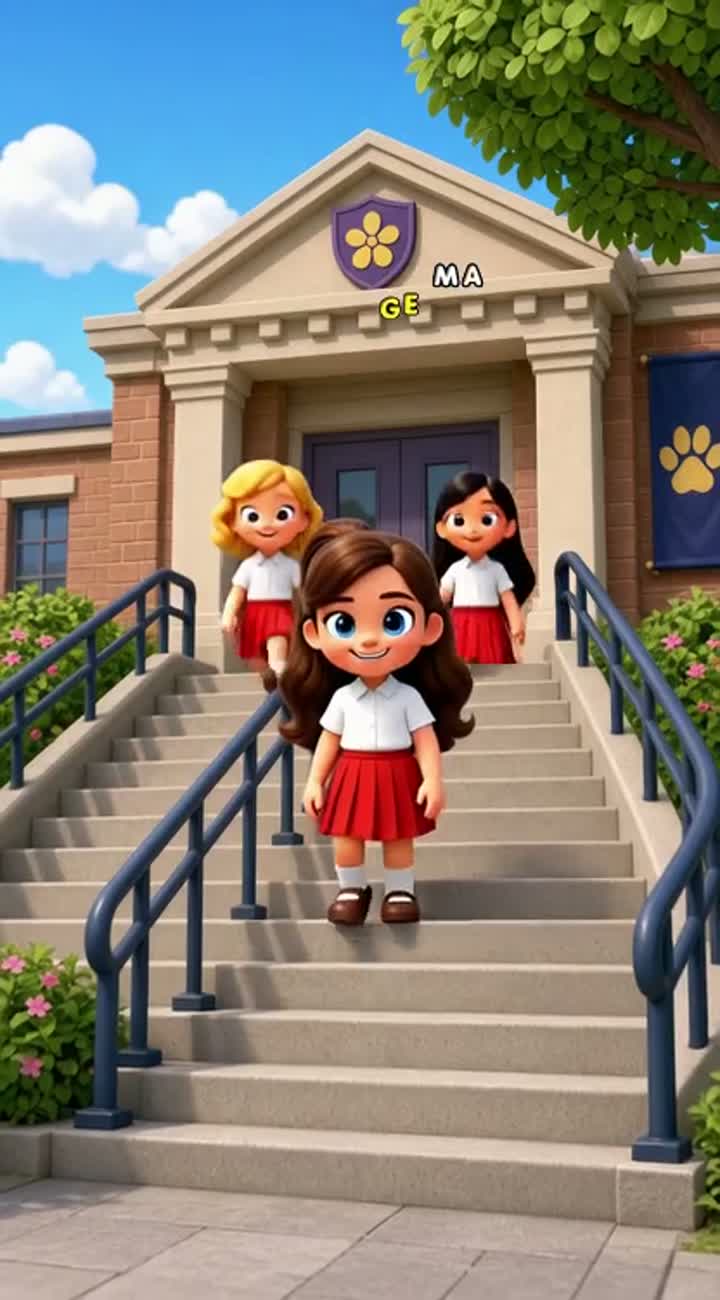 Short cartoon animation: three girls are walking down the stairs… — AI cartoon