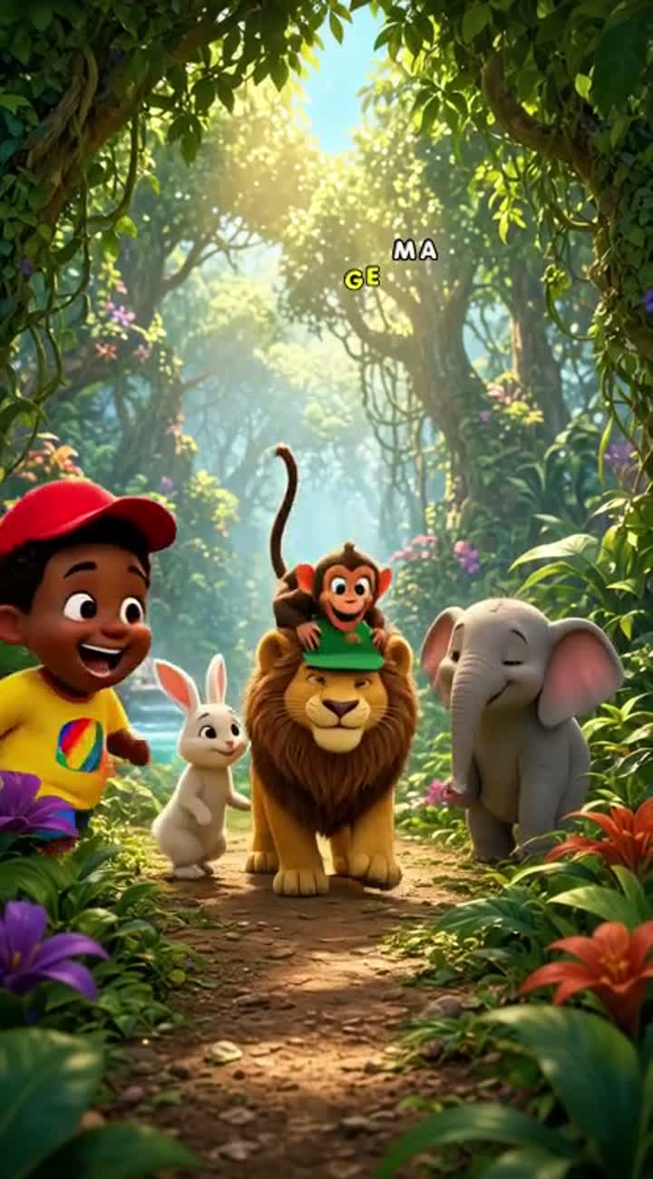 Two adorable African children meet a funny baby lion… — AI cartoon
