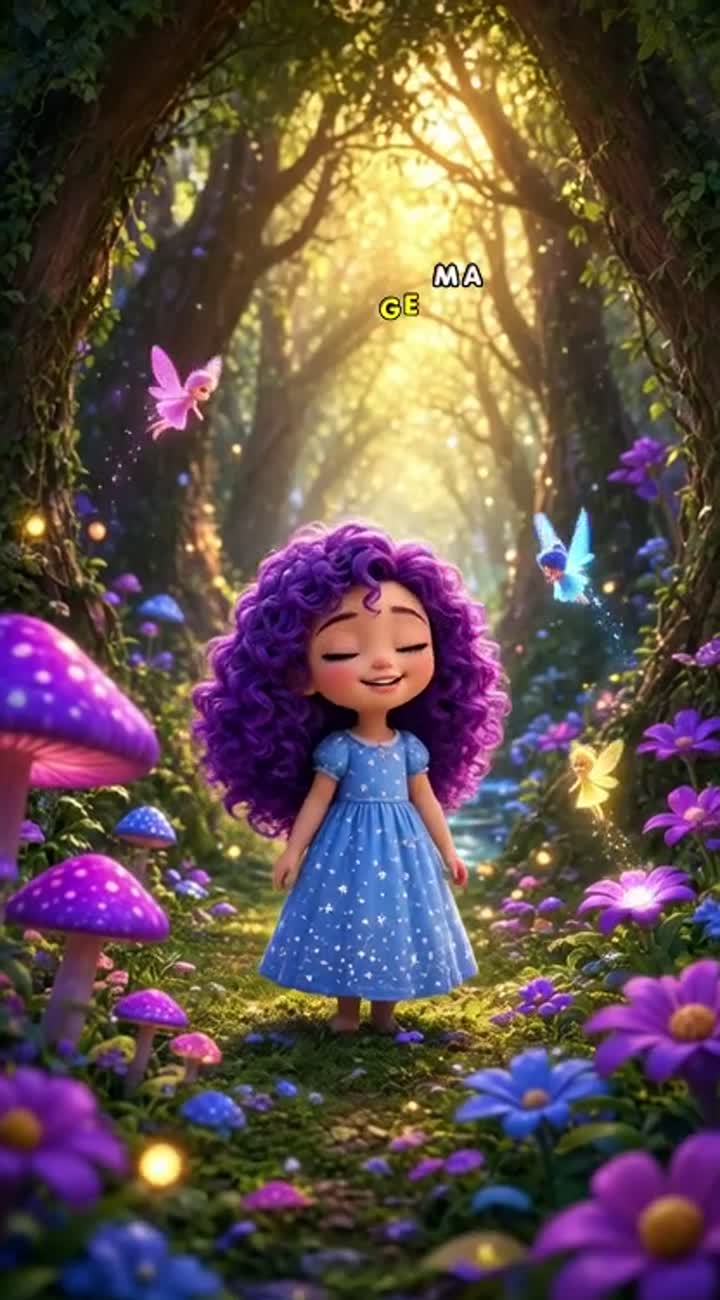 A cute little girl with big sparkling eyes and curly purple hair… — AI cartoon