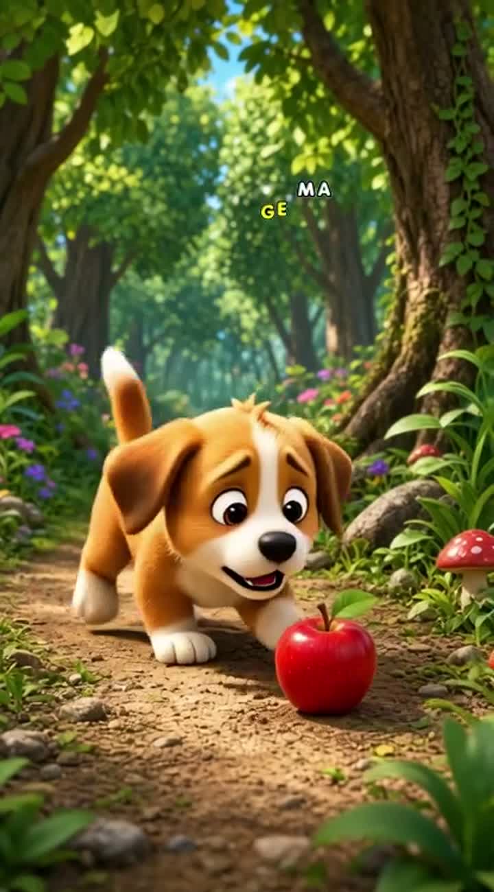 A hungry little puppy finds a shiny red apple — AI cartoon