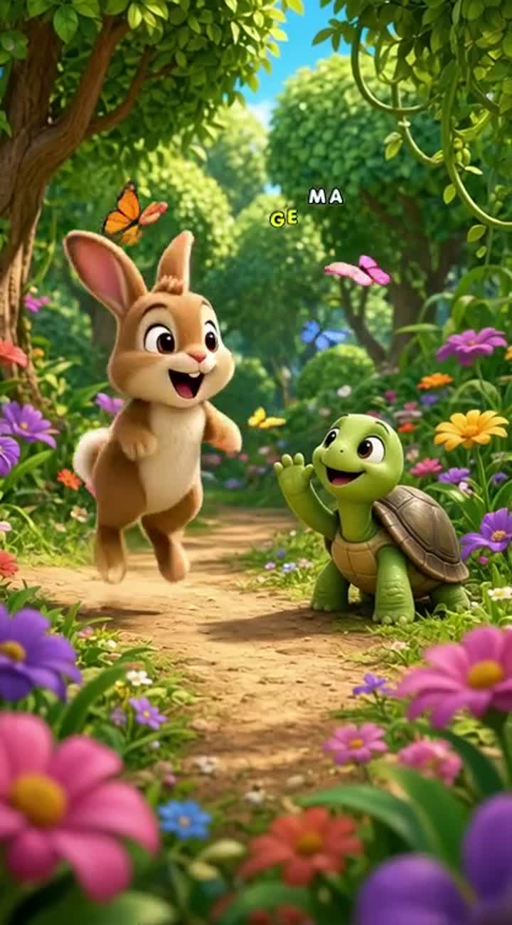 Brown eyes hopping happily through a beautiful green forest full… — AI cartoon