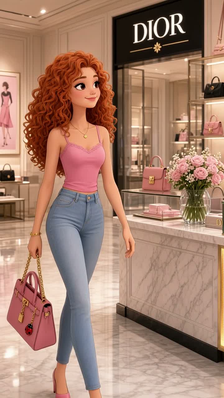 A cute girly cartoon with a pink bug birkin… — AI cartoon