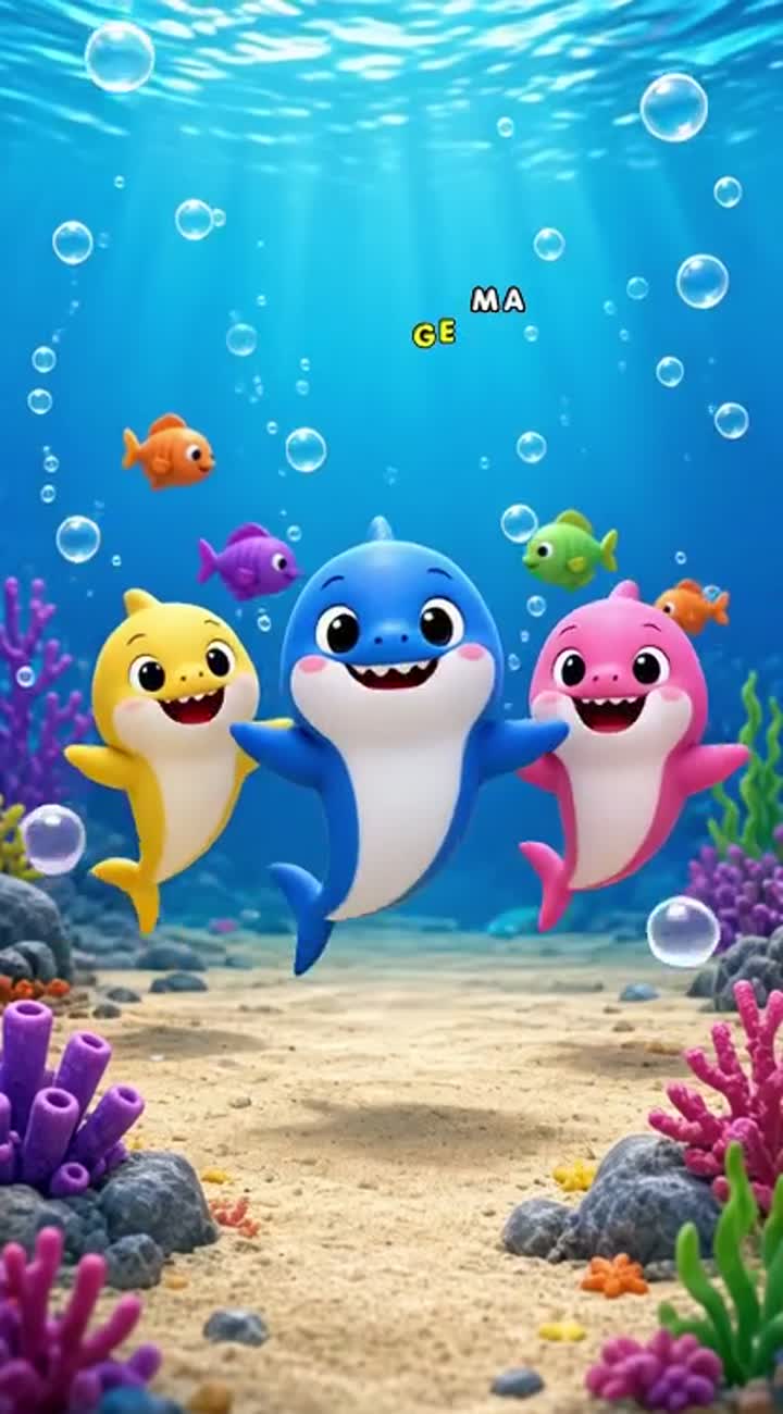Cute colorful 3D cartoon baby sharks dancing happily underwater — AI cartoon