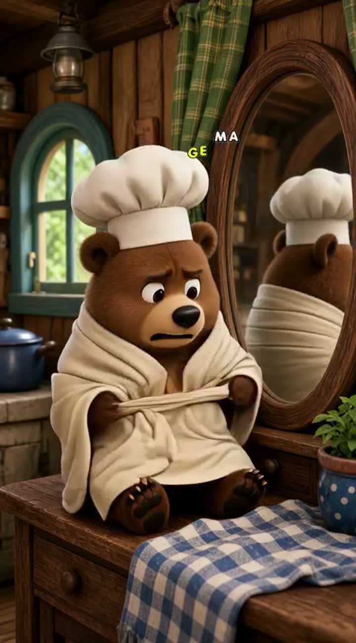 Inside the cabin, the brown bear sits in front of a mirror… — AI cartoon