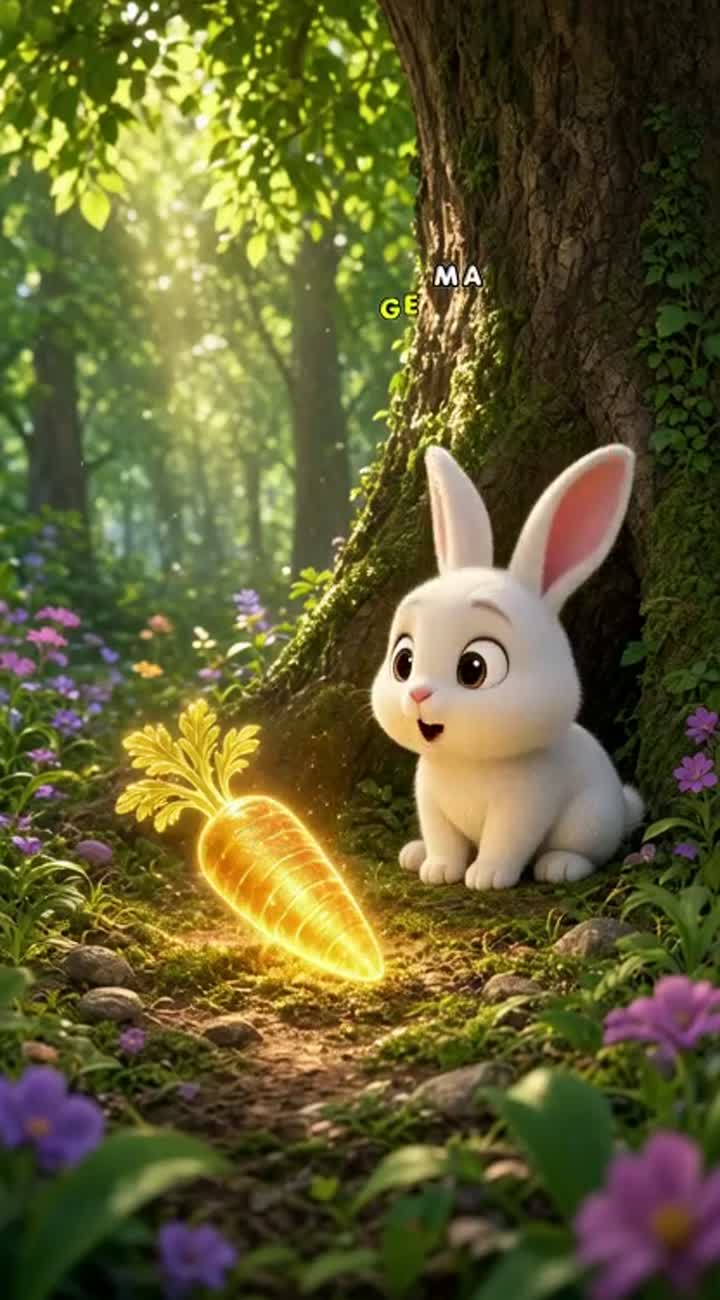 A cute little white rabbit named Monu finds a glowing magical… — AI cartoon