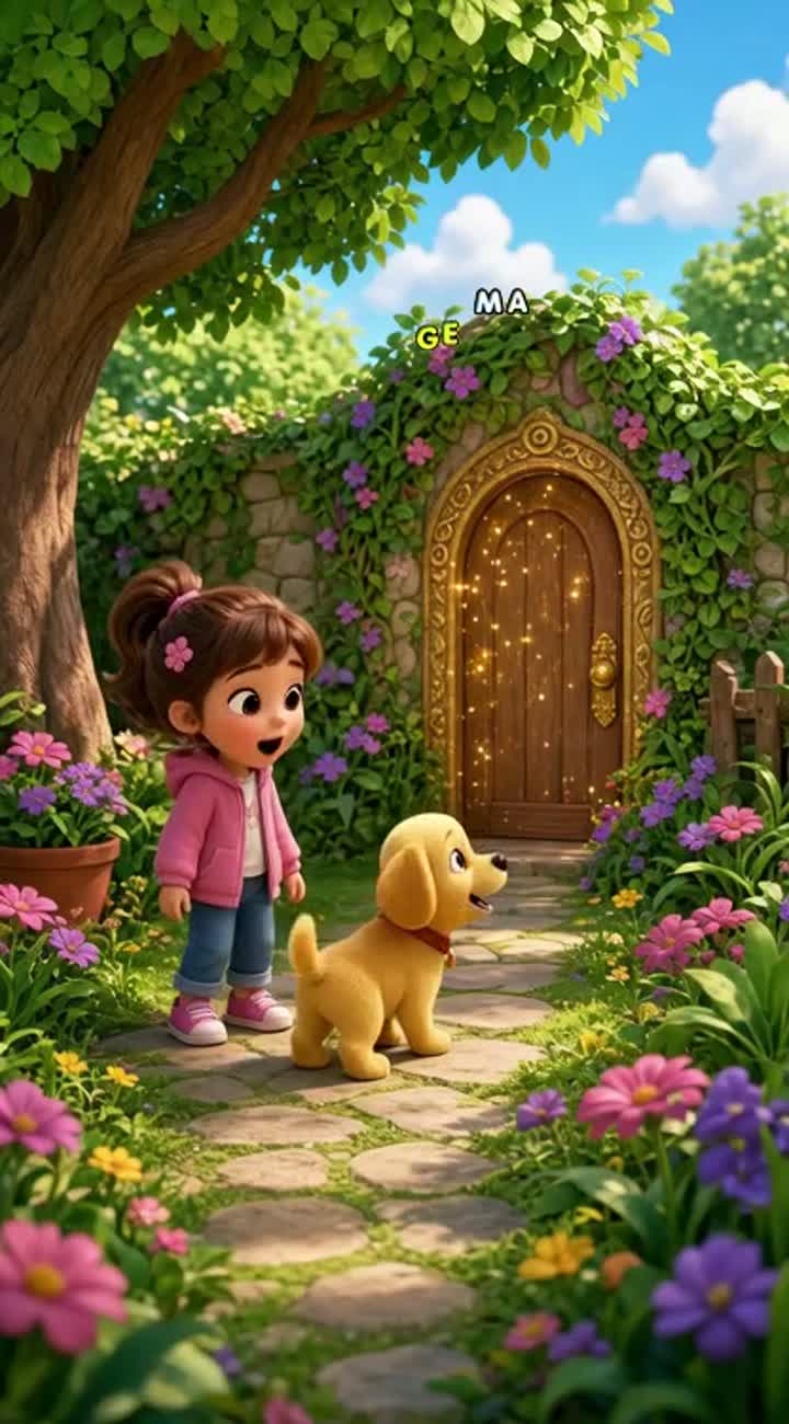 A cute little girl and her funny yellow puppy discover a magical… — AI cartoon