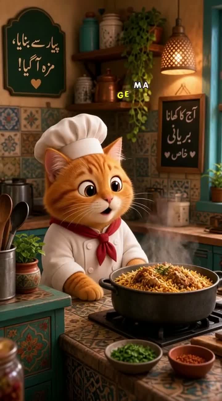 A cute fluffy orange cat wearing a chef's outfit… — AI cartoon