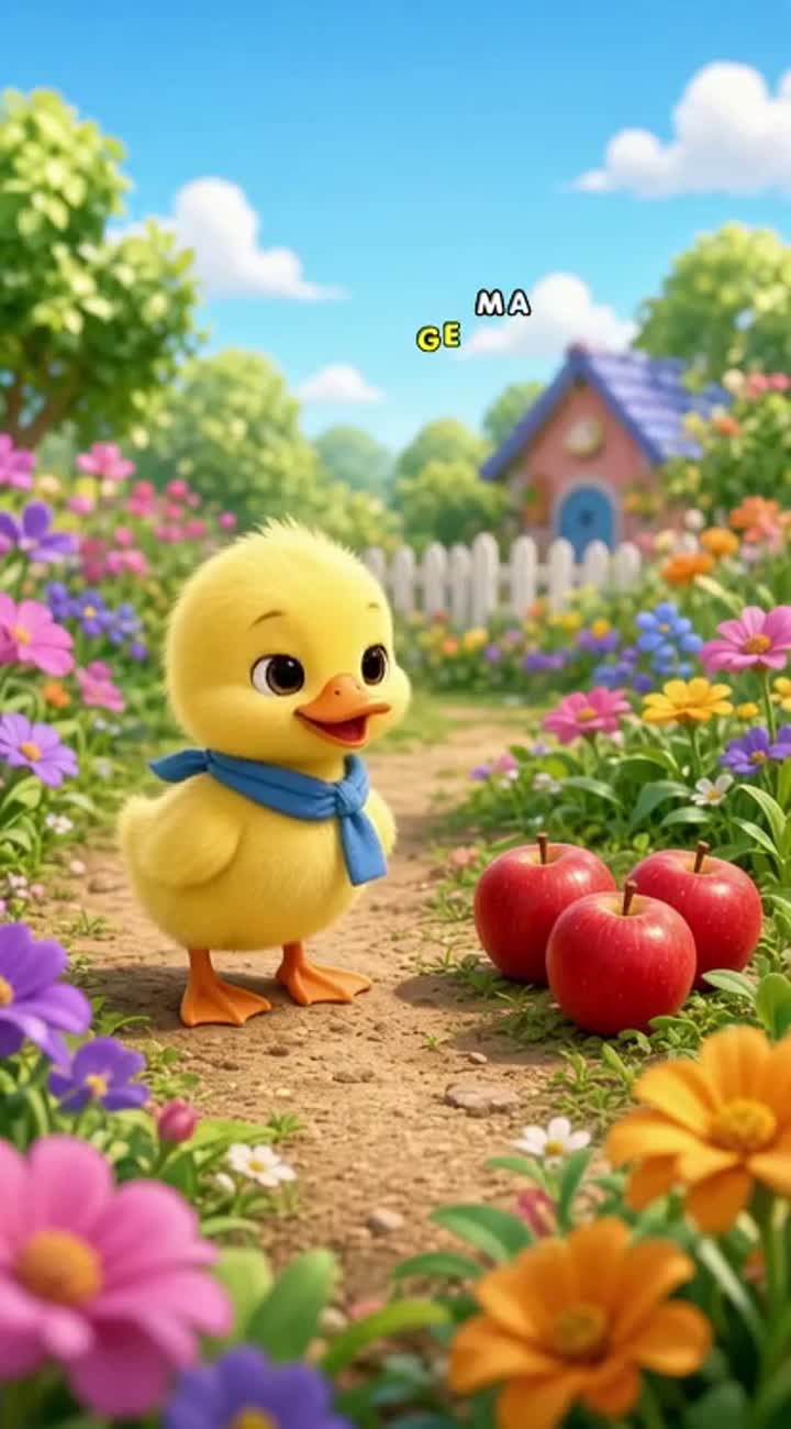 A tiny fluffy yellow duckling wearing a blue scarf walks through… — AI cartoon