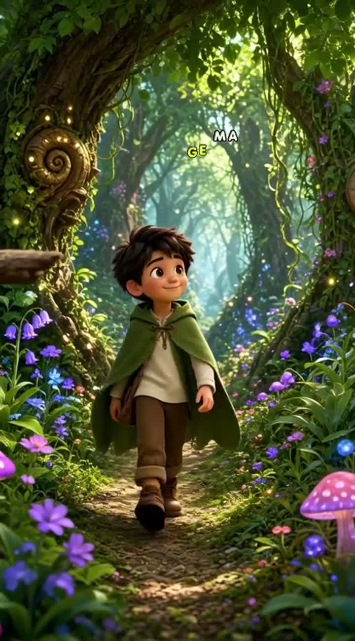 A cute cartoon boy walks through a magical forest filled… — AI cartoon